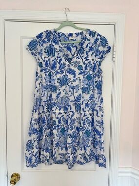 Roller Rabbit Cotton Blue & White Floral V-Neck Women’s Dress XL